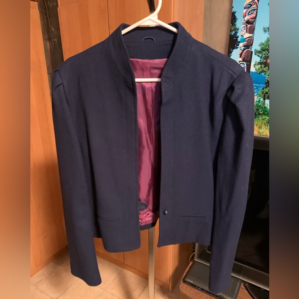 Vintage Navy Blue Wool Blazer with Burgundy Lining
